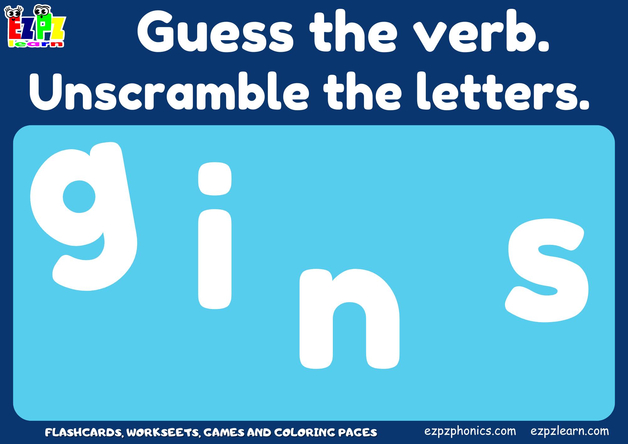 Action Verbs Vocabulary Word Scramble Guessing Game. For kids and